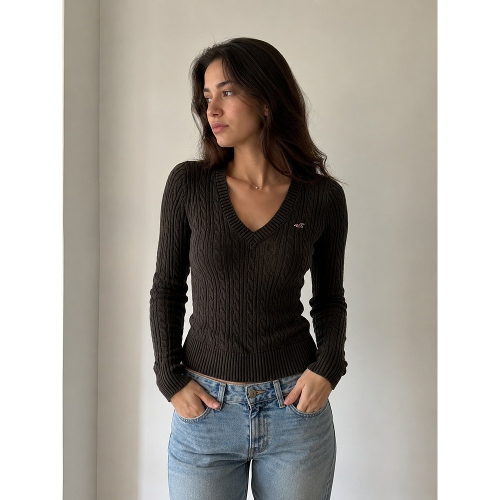 Hollister Womens V Neck Sweater Tunic XS Brown Cable Knit Cozy Preppy